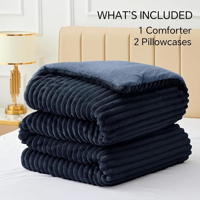 BEDELITE Fleece California King Comforter Set -Super Soft & Warm Fluffy Navy - Image 6
