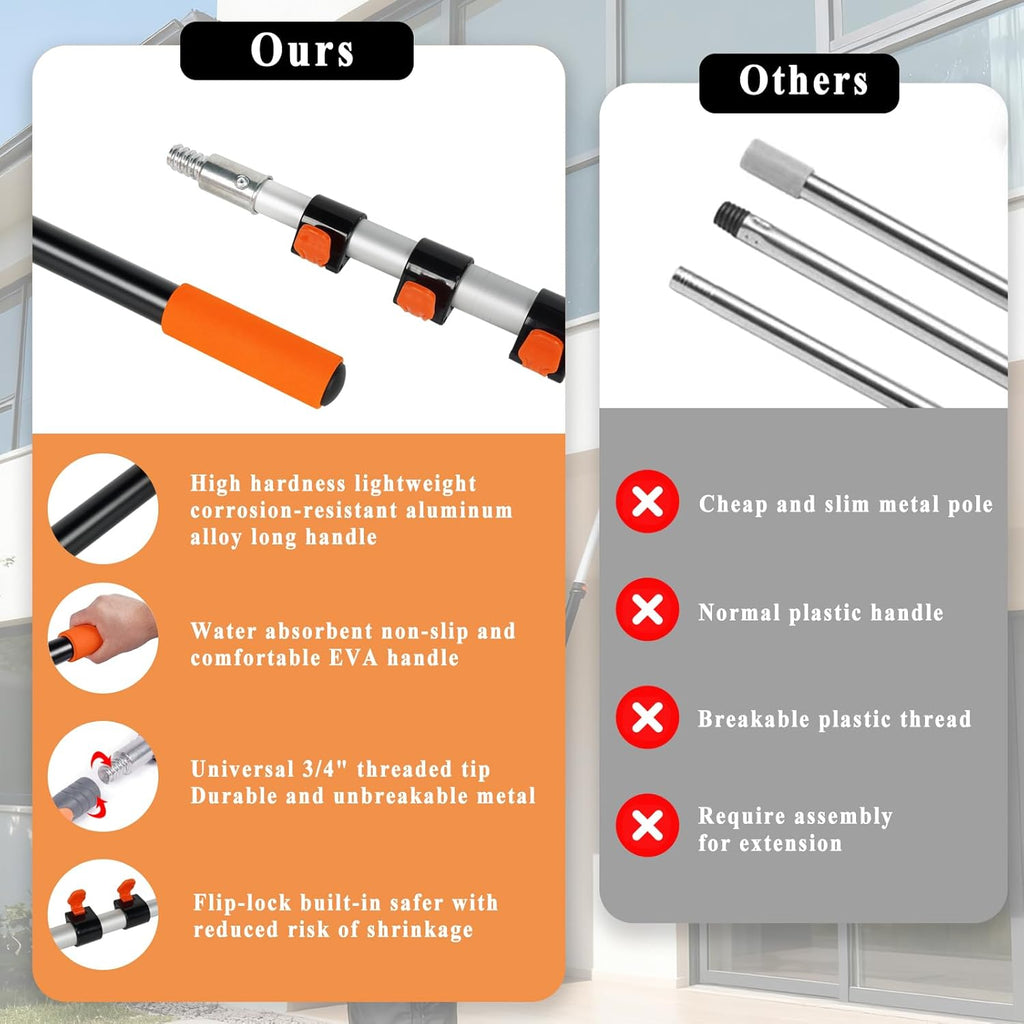 20ft High Ceiling Duster Kit with 5-12ft Heavy-Duty Extension Pole, Cobweb Duster, Ceiling Fan Duster, Window Squeegee & Cleaner, Microfiber Duster, Wall Mop for Home High Reach Cleaning