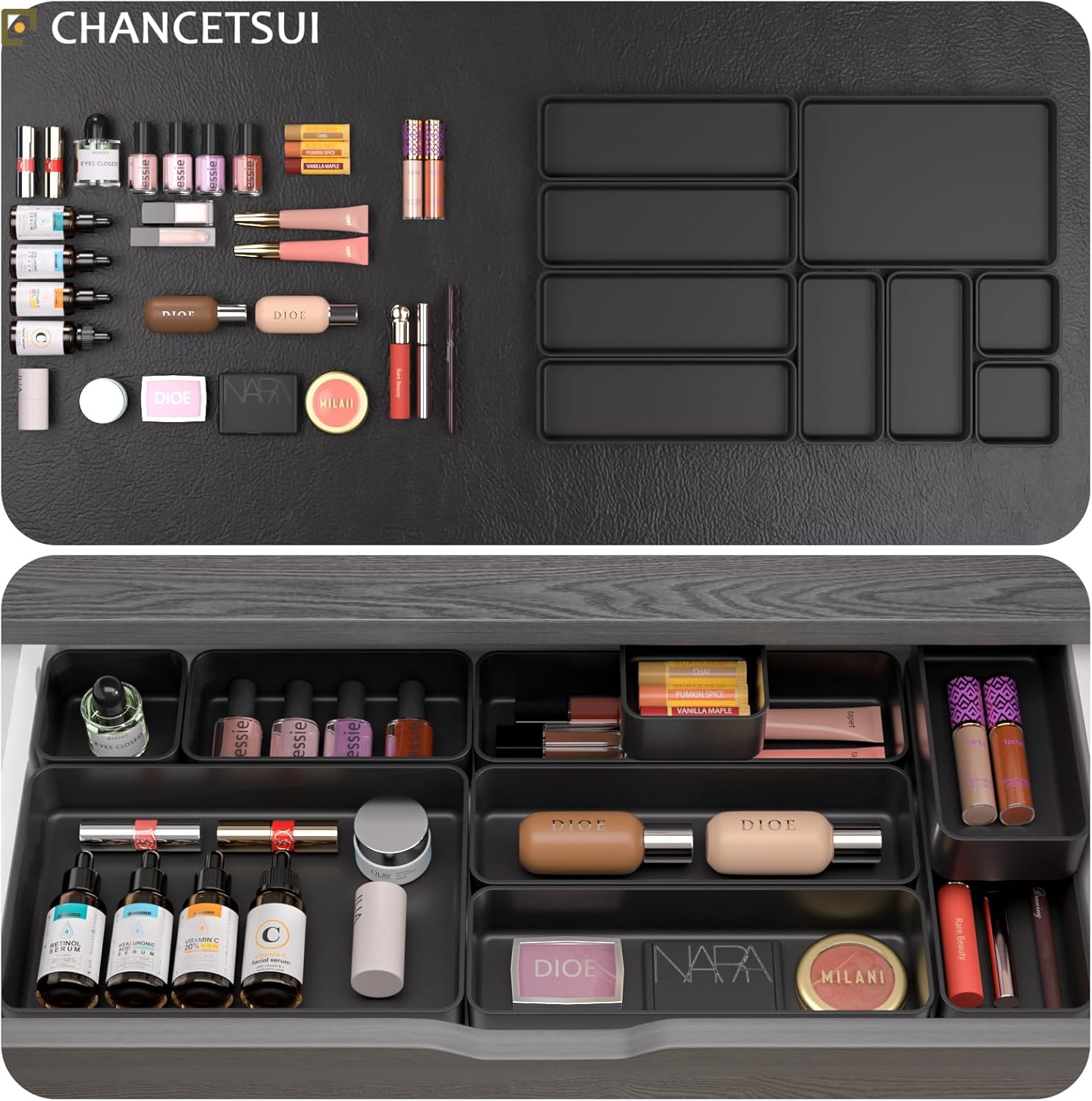 9 Pcs Stackable Drawer Organizer Trays Set, Multifunctional Stackable Storage Trays for Vanity, Bathroom, Kitchen, Desk Drawer Organizer Office. Plastic Drawer Organizers Available In 5 Colours, Black