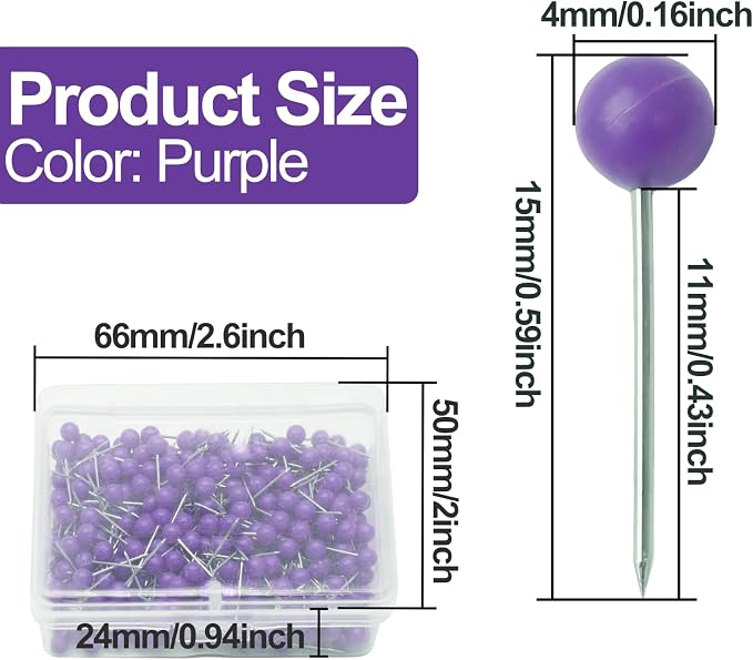 Purple Map Pins, 1/8 Inch, Round Ball Head | Map Tacks, Push Pins - Image 2