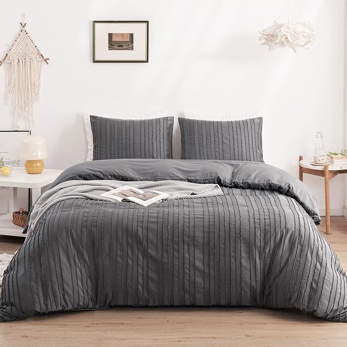 WARMDERN Gray Boho Duvet Cover Set King Size, Striped Textured Duvet Cover by WARMDERN