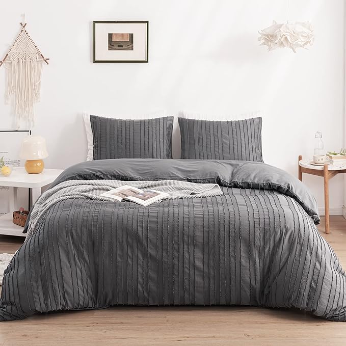 WARMDERN Gray Boho Duvet Cover Set Queen Size, Striped Textured Duvet Cover by WARMDERN