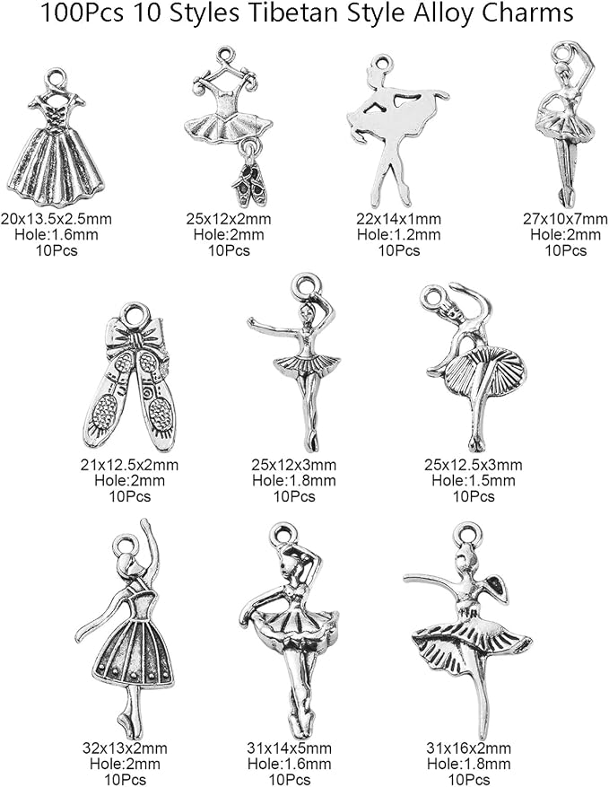 DanLingJewelry 100Pcs 10 Styles Antique Silver Ballet Dancer Charms Ballet - Image 2