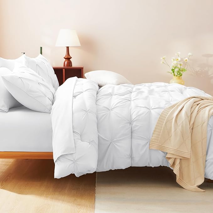 HIMEET Pintuck Bed in a Bag, 7 Pieces Queen Size Comforter Set White, Luxury - Image 7