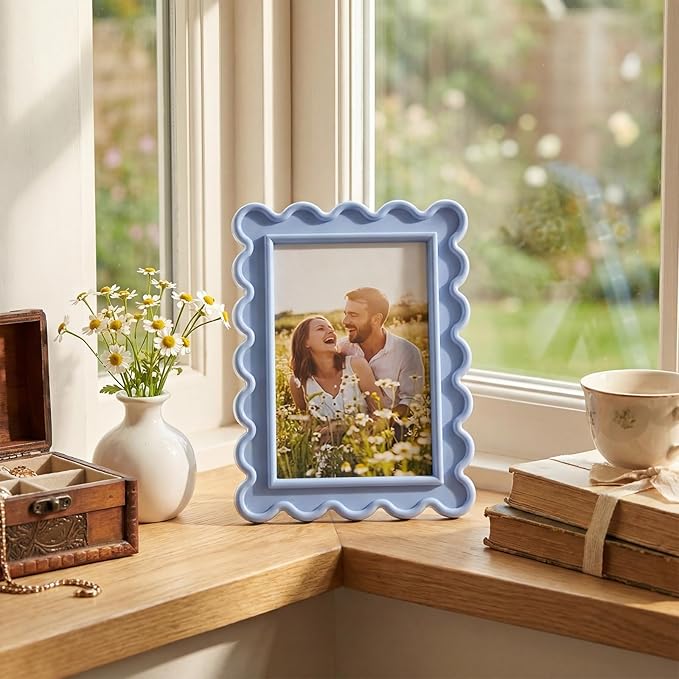 AceOrbit 4x6 Inches Haze Blue Flower Wavy Picture Frame Cute Wavy Edge Wooden - Image 5