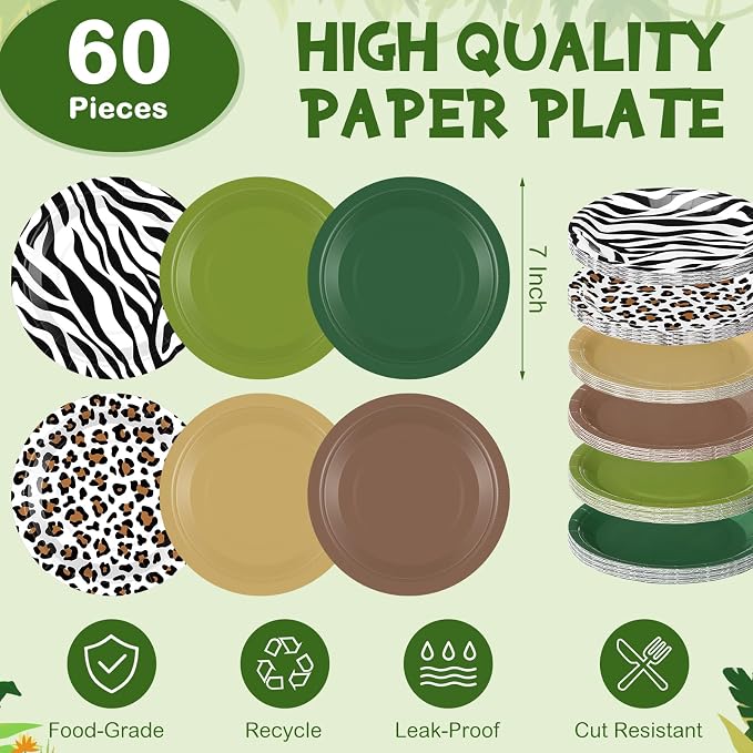 Funnymoom 60 Pcs 7 Inch Jungle Safari Paper Plates Forest Animal Plates - Image 2