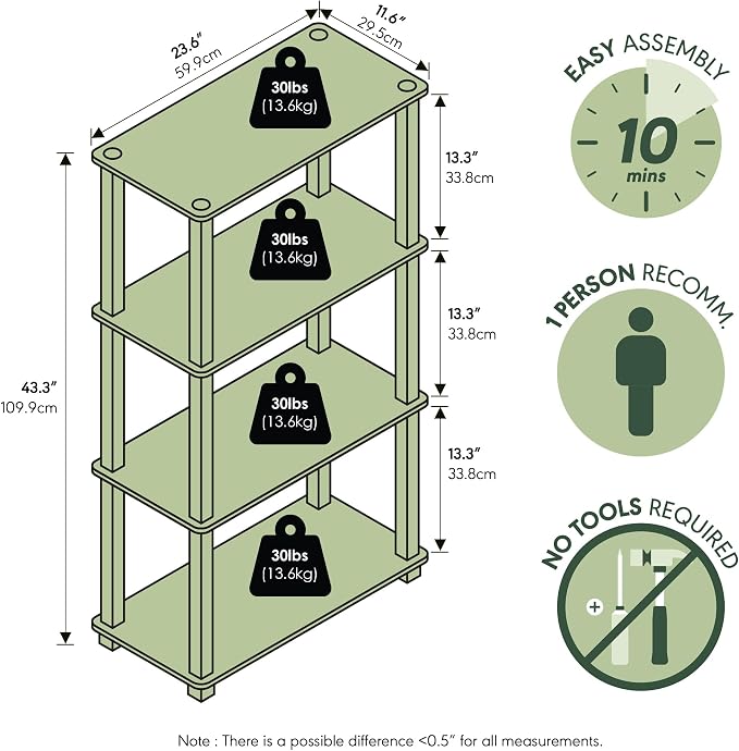 Furinno TURN-S-TUBE Storage Shelves, 4-Tier Book Shelf, Corner Shelf, Toolless - Image 3