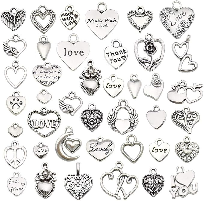 WOCRAFT 100 pcs Mix Antique Silver Heart Beads Charms - Image 2