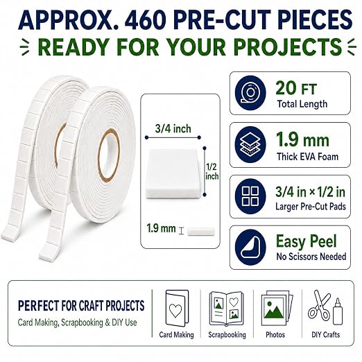 2 Rolls Pre-Cut Double Sided Foam Tape, 460 Large Craft Pads or Card Making - Image 2