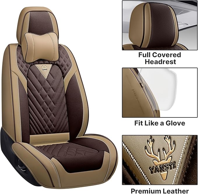 Car Seat Cover Full Set, Seat Cover for Car, Car Seat Cover Car Seat Protector Waterproof Leather Car Seat Cushion Full Coverage Seat Cover Front Seat Fit for Most Cars(2 Seat,Brown&Beige)