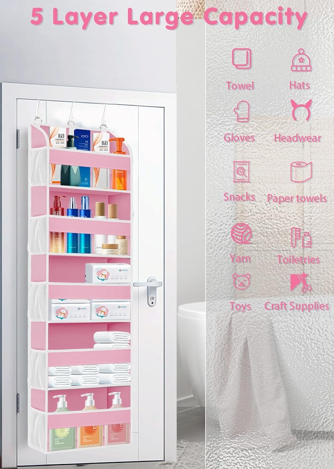 1 Pack Over The Door Storage Organizer with 5 Pockets 10 Mesh Pockets, 44 lbs Weight Capacity Door Hanging Organizers and Storage for Bedroom,Bathroom,Nursery,Kidroom,Babyroom