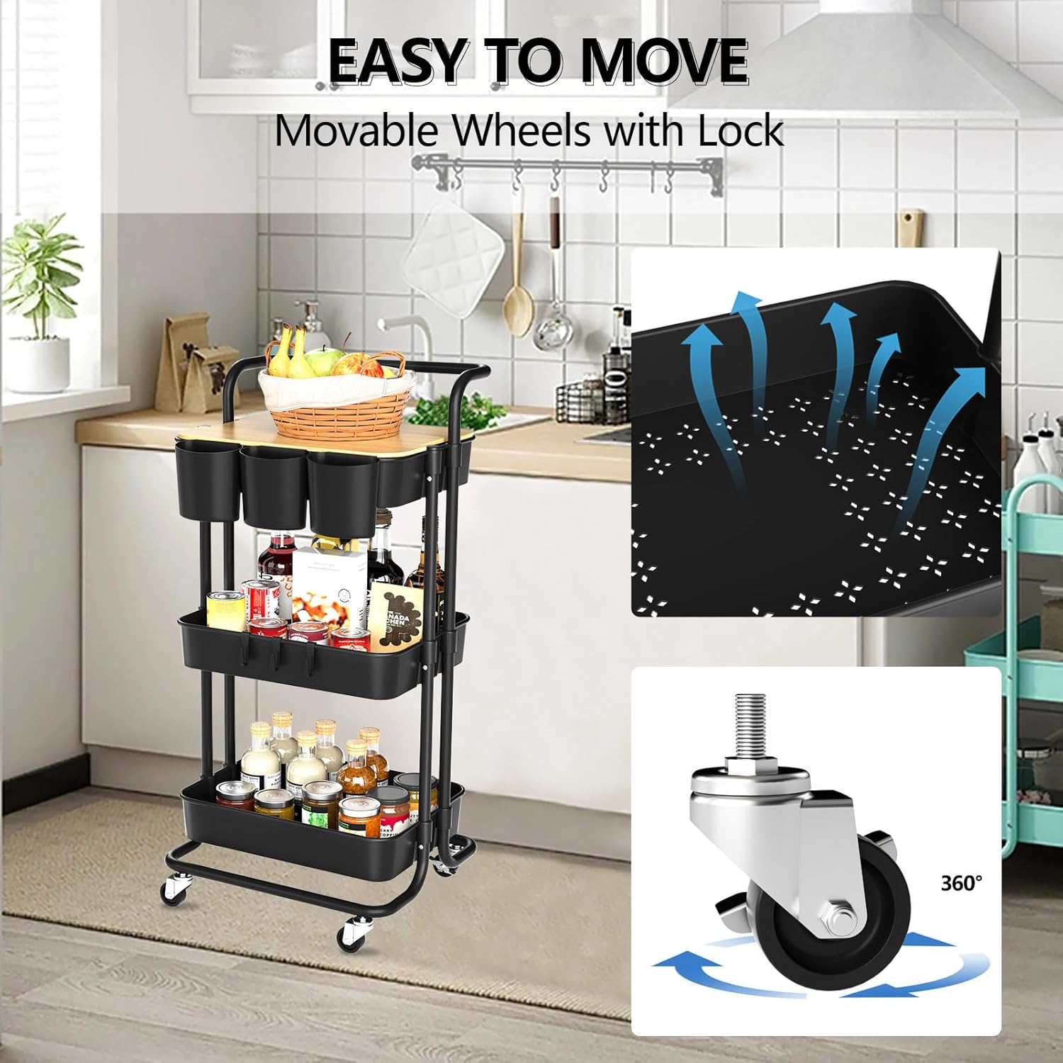 3 Tier Rolling Cart with Metal Handle, Table Top, Hanging Cups, Hooks, Plastic Storage Baskets& Wheels Lockable, Utility Cart for Bathroom Classroom Office Kitchen Pantry Organizers and Storage, Black