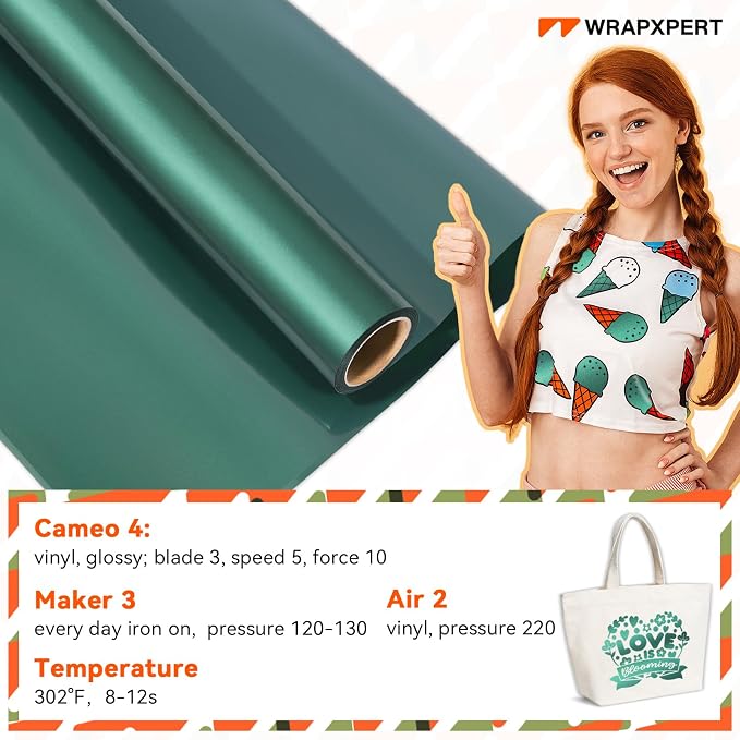 WRAPXPERT Metallic Green HTV Heat Transfer Vinyl Roll, Heat Press Vinyl - Image 2