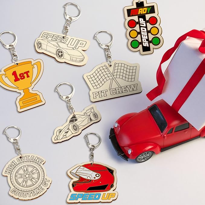 RattanView 24 Pcs Race Car Craft Color Your Own Keychains Diy Craft Wooden - Image 7