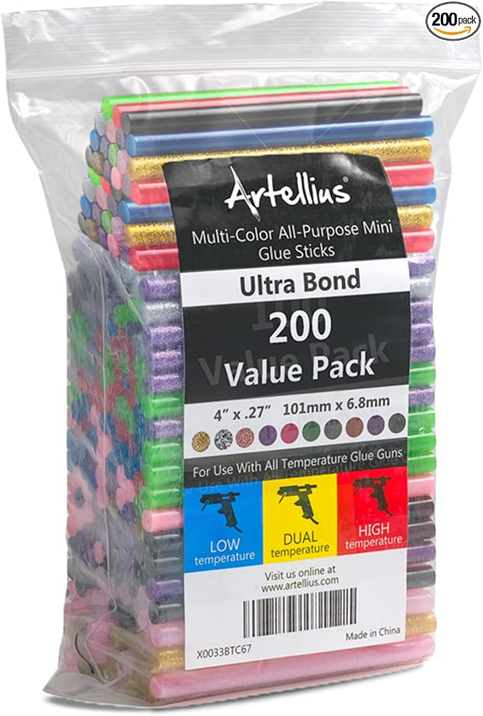 200 Pack Color Hot Glue Sticks. Variety Colored Glue Gun Stick. Hot Melt by Artellius