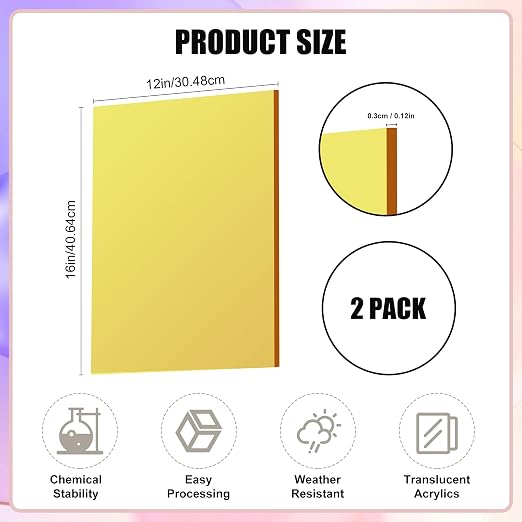 Lesnlok Yellow Acrylic Sheets 1/8 inch Thick 3mm 2 Pack 12 x 16 Clear - Image 2