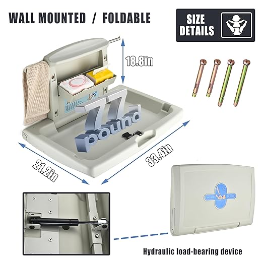 Fold-Down Baby Changing Station - Wall-Mounted, Space-Saving Design with Safety Straps for Commercial & Residential Restrooms (Horizontal Version)