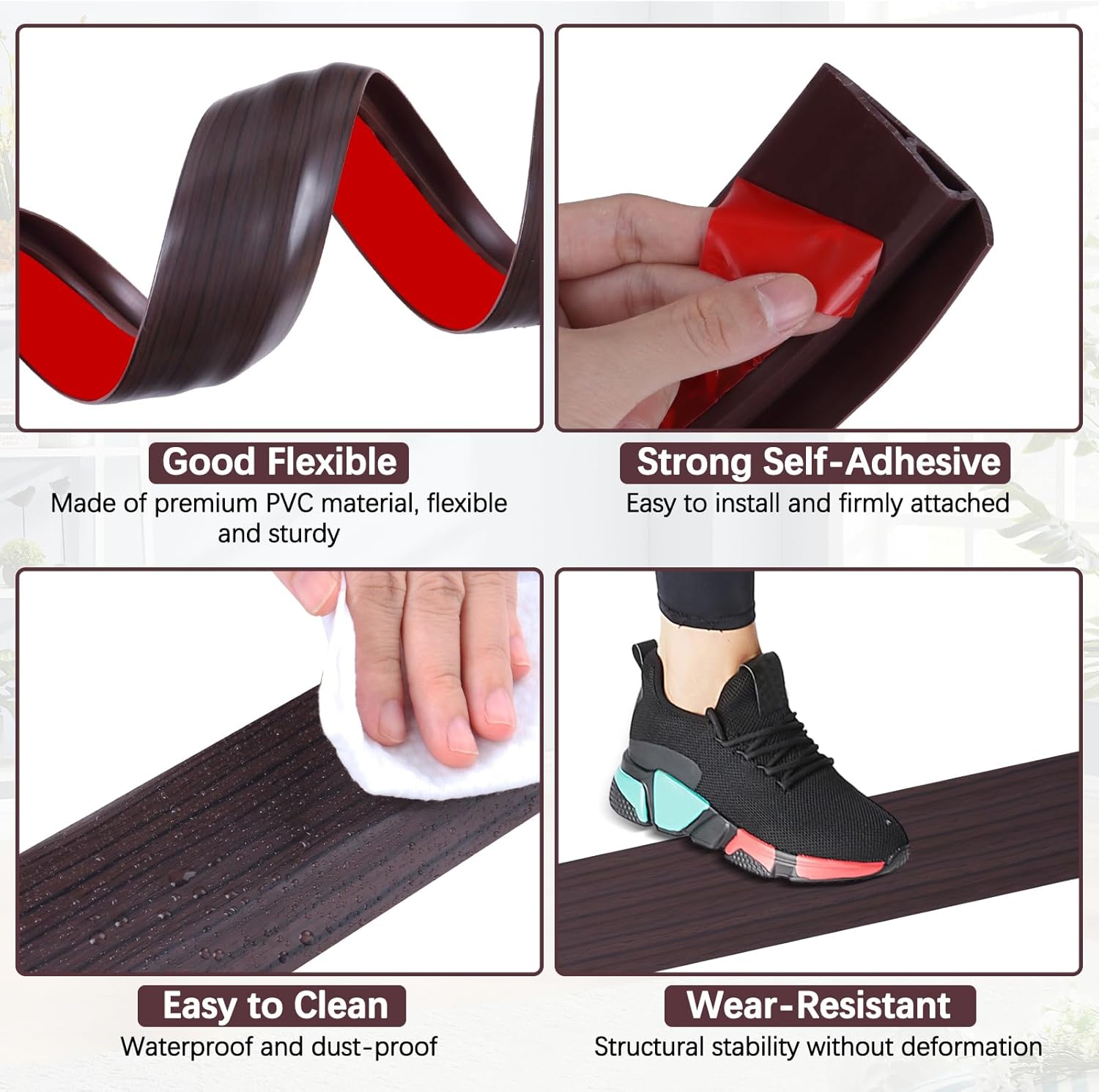 Vinyl Door Threshold Flooring Transition Strip Self Adhesive Carpet Edging Strip for Laminate Doorway Edge Threshold from 1/5" to 2/5" (Black Walnut Wood Grain, 10 Ft)