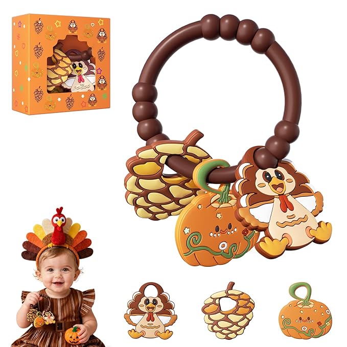Thanksgiving Baby Teething Ring with 3pcs Teether-Soft Turkey, Pumpkin & Pine Cones Textured, Silicone Teether for 0-12months, Baby Sensory Chew Bracelet for Baby’s First Thanksgiving