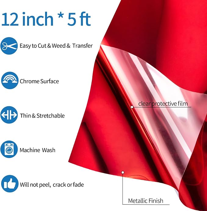 VINYL FROG Red Metallic Foil Heat Transfer Vinyl 12" x5ft Red HTV Vinyl Roll - Image 2