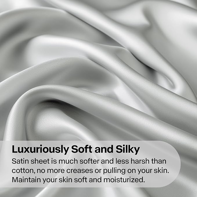 BEDELITE King Size Sheets Set, Luxury Soft Grey Satin Sheets - Image 3