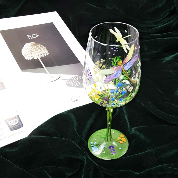 NymphFable Hand Painted Wine Glass Colorful Dragonfly Flower Artisan Painted 15 - Image 4