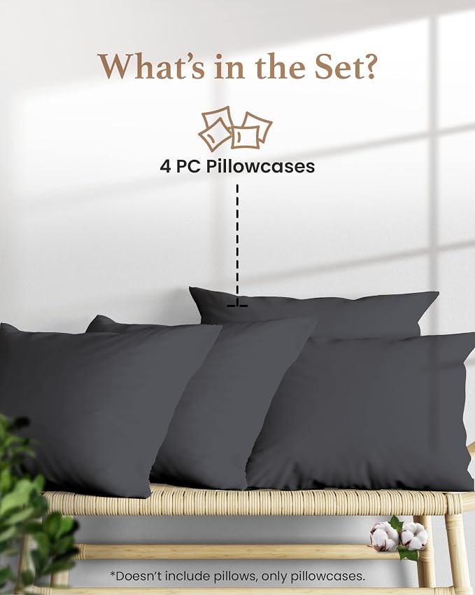 1000 TC Dark Gray King Pillowcases Set of 4 100% Egyptian Cotton Pillow Cases - Image 2