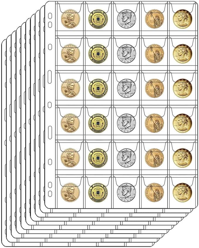 30-Pocket Coin Pages for Collectors, Standard 9-Hole Coin Collection Pages fit by Suremita