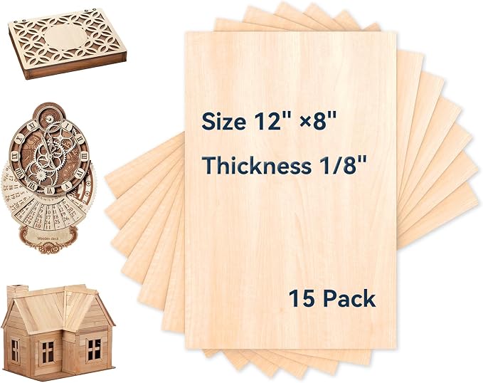 Basswood Plywood Sheets-15 Pack 12" x 8" x 1/8" Unfinished Craft Wood Pieces by XNEONLab