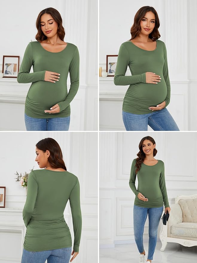 Ecavus Women's Maternity Shirts Long Sleeve Soft Stretchy Pregnancy Tops Side Ruched Casual Mama Clothes