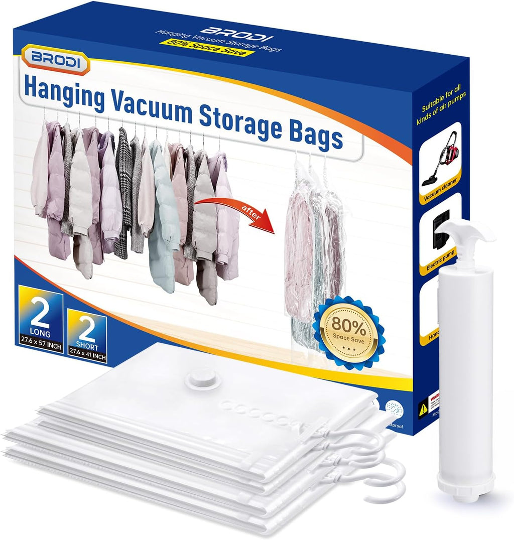 Hanging Vacuum Storage Bags For Clothes With Hand Pump,Coat Storage Bag Hanging,Vacuum Bags For Clothes,Space Saver Vacuum Storage Bags,Garment, Clothing, Dress, Suit, Long Coat, Jacket(Combo 4 Pack）
