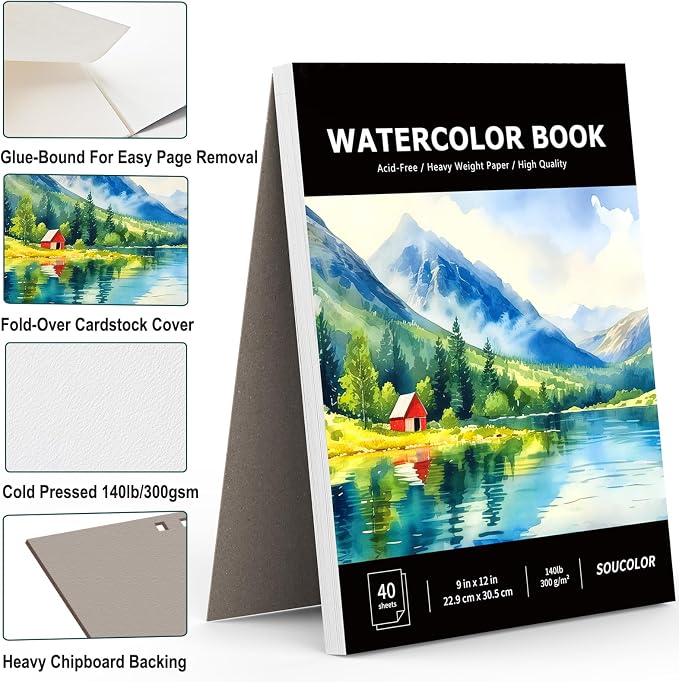 Soucolor Watercolor Paper Pad 9x12 140lb Cold Press 40 Sheets Art Supplies | - Image 2