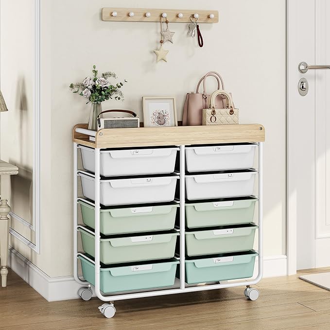 10 Drawers Rolling Cart with Wooden Tabletop, Utility Storage Cart with Wheels - Image 7
