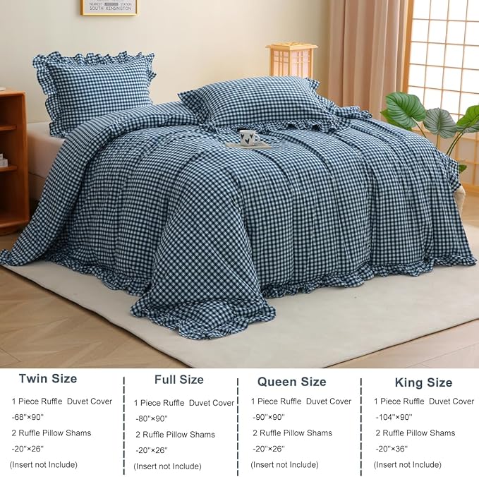 Silnuo Navy Blue/White Plaid Ruffle 3-Piece Duvet Cover Set Queen Size - Image 4