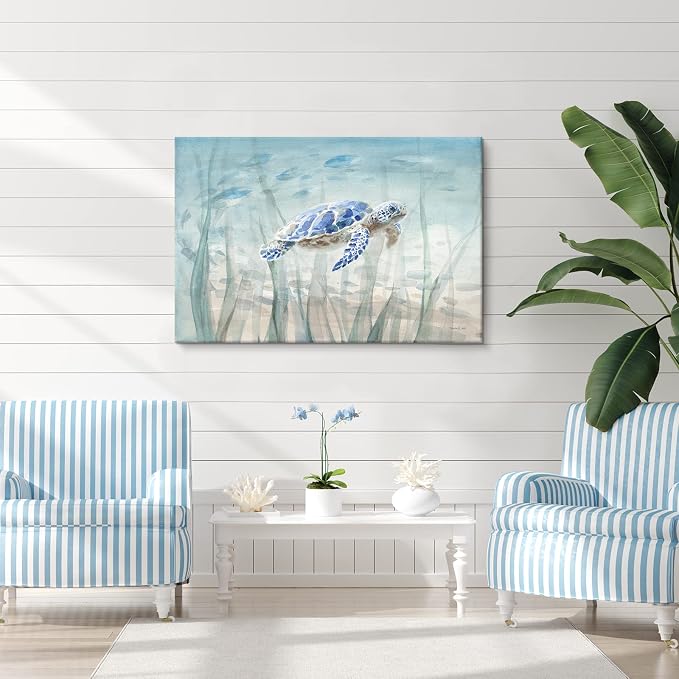 Ocean Wall Decor Blue Turtle Canvas Art Sea Grass Pictures Coastal Print - Image 5