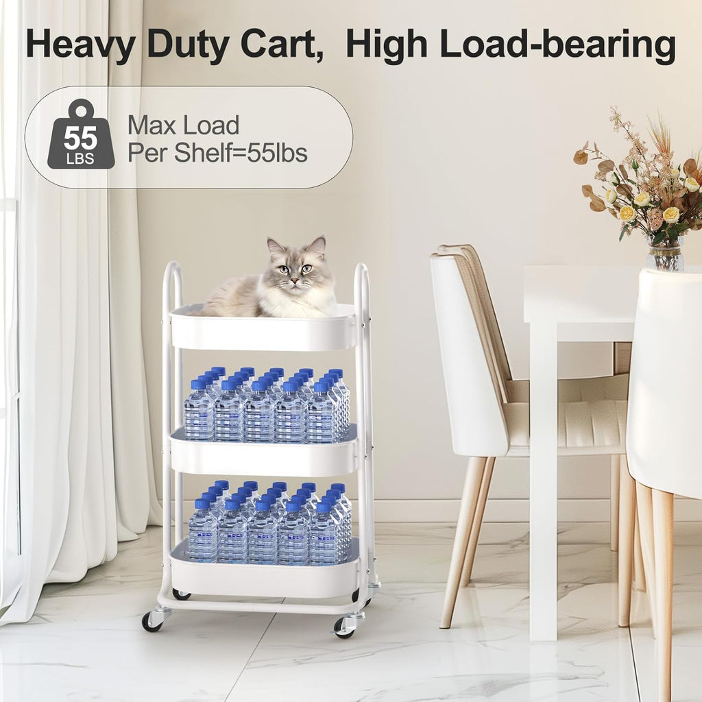 EAGMAK 3 Tier Rolling Cart, Round Metal Utility Cart with Lockable Wheels, Storage Cart Organizer Trolley with Mesh Shelves for Living Room, Kitchen, Bedroom, Office(White)