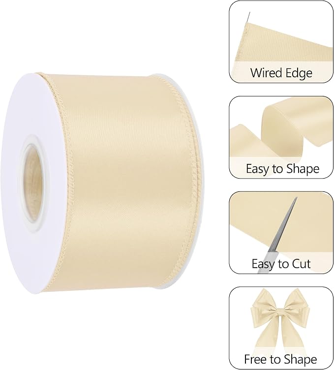 Cream 2.5 Inch Continuous 25 Yards Satin Wired Ribbon - Image 3