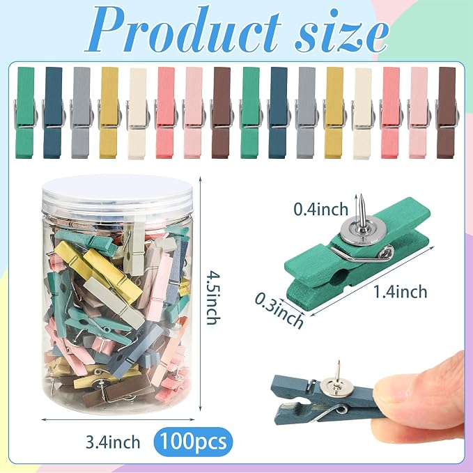 SANNIX 100Pcs Wooden Push Pin Clips, Morandi Wooden Clips - Image 2
