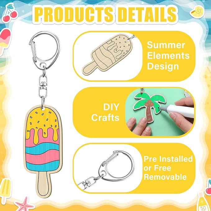 RattanView 24 Pcs Summer Party Craft Color Your Own Keychains Diy Craft Wooden - Image 3