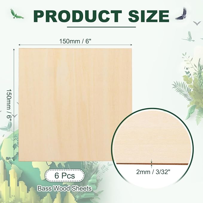 HARFINGTON 6pcs 2mm Basswood Plywood Sheets 6" x 6" x 3/32" Thin Unfinished - Image 2