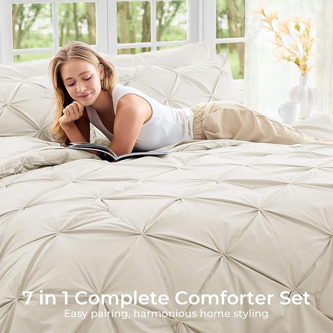 Sasttie Queen Comforter Set, 7-Piece Bed in a Bag, Pintuck Bedding Sets - Image 6