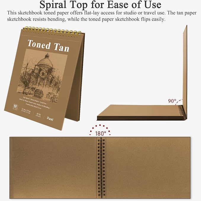 Fuxi Toned Tan Sketchbook 11x14 Inch, 60 Sheets, Spiral Bound - Image 4