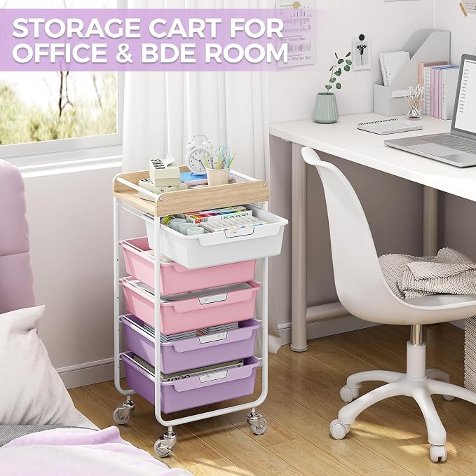 SYKIARIOL Utility Cart with 5 Labeling Drawers and Wooden Tabletop – Rolling - Image 9