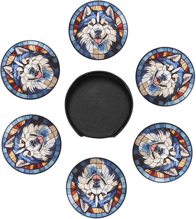 Drink Coaster Set of 6, Alaskan Malamute Dog Mom Lover Gift, Leather Drink - Image 4