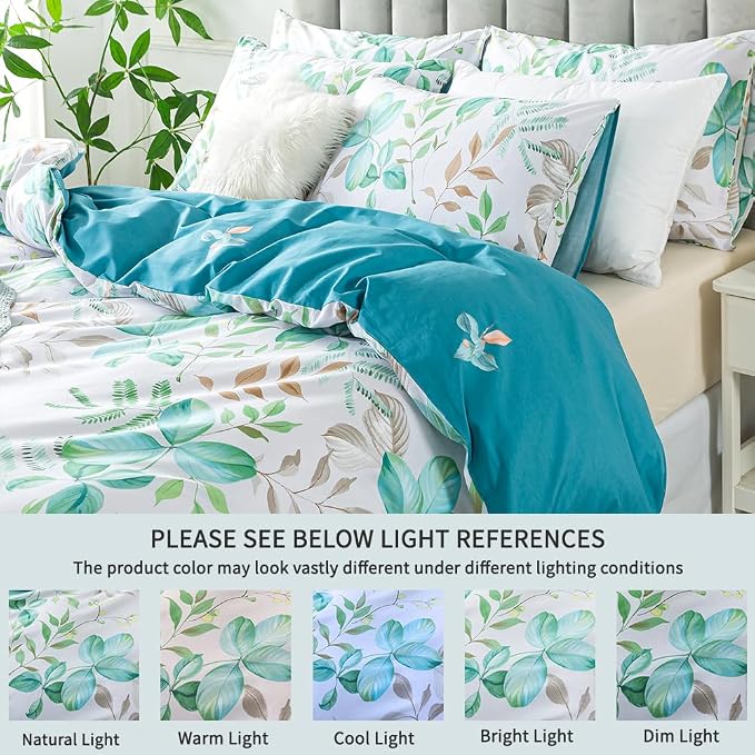 FADFAY Botanical Duvet Cover Sets Full Size 100% Cotton Teal Green Leaves - Image 4