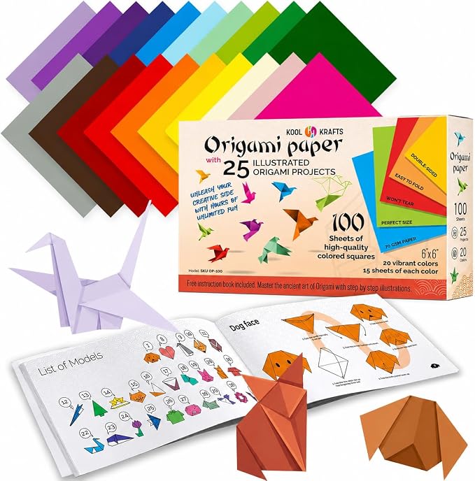 Origami Paper - 100 Origami Paper Kit - Set Includes, 100 Sheets 20 Colors 6x6 by KoolKrafts