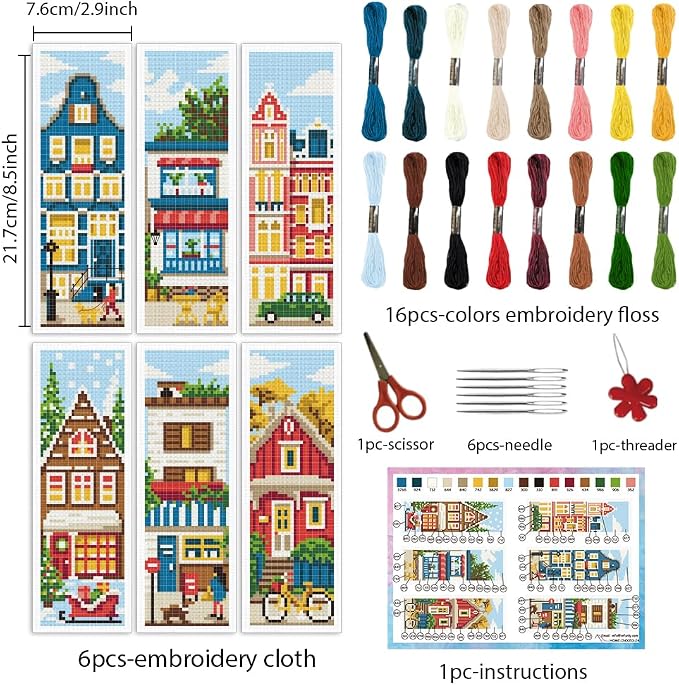 INFUNLY 6 Set DIY Cross Stitch Bookmark Kit Building House Cross Stitch Kits - Image 2