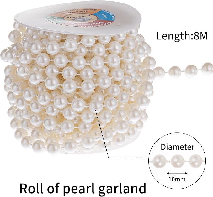 10mm Pearl Strands, 9 Yds of Lvory Fake Beads Garland Spool Roll - Image 2
