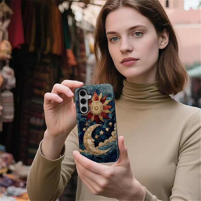 Case for Samsung Galaxy S25 FE, Sun Moon Stars Faux Stained Glass Design Hybrid - Image 7