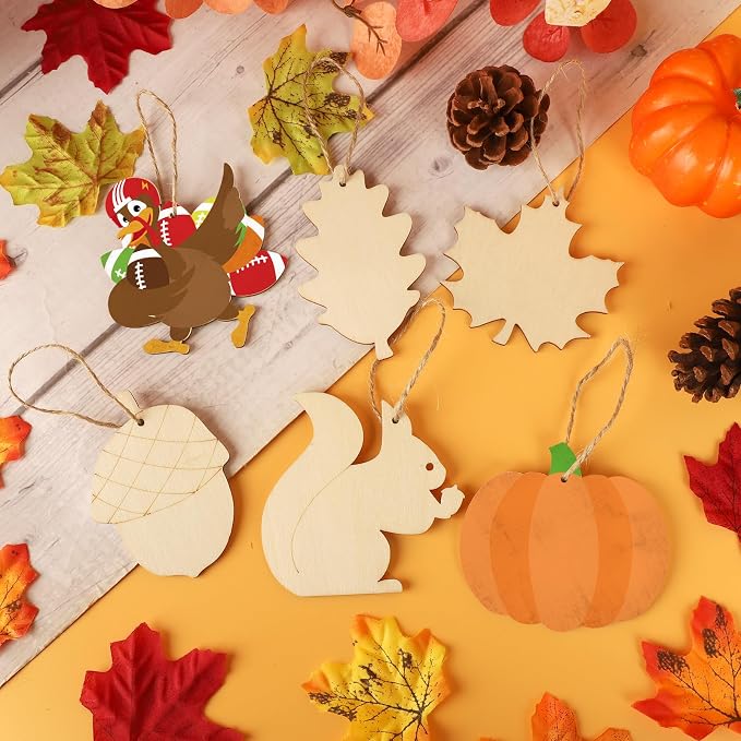 24 PCS Unfinished Wooden Thanksgiving Crafts, Pumpkin Turkey Shaped Hanging - Image 3
